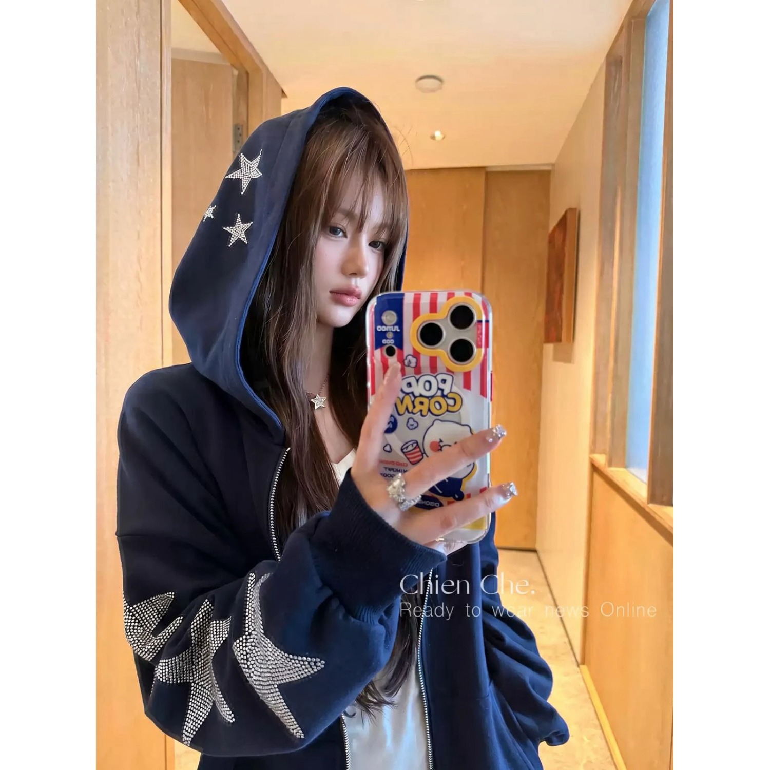 设计感美式风星星烫钻连帽卫衣情侣款春秋季十足精致男女拉链外套