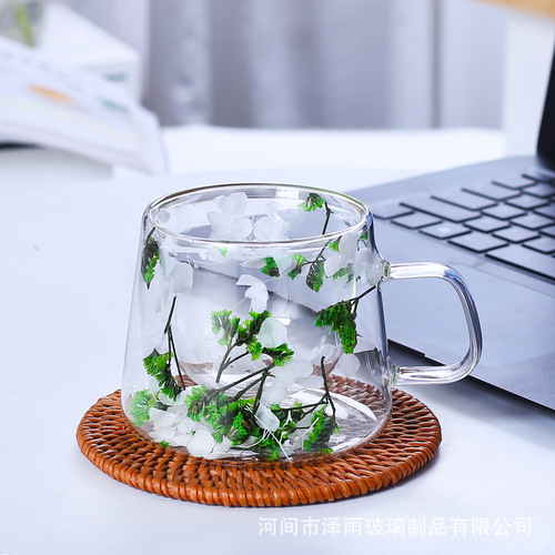 Dry Flower Double-Layer Petal Glass Cup Flow Sand Cup Creative High-Temperature Resistant Transparent Real Flower Borosilicate Coffee Cup