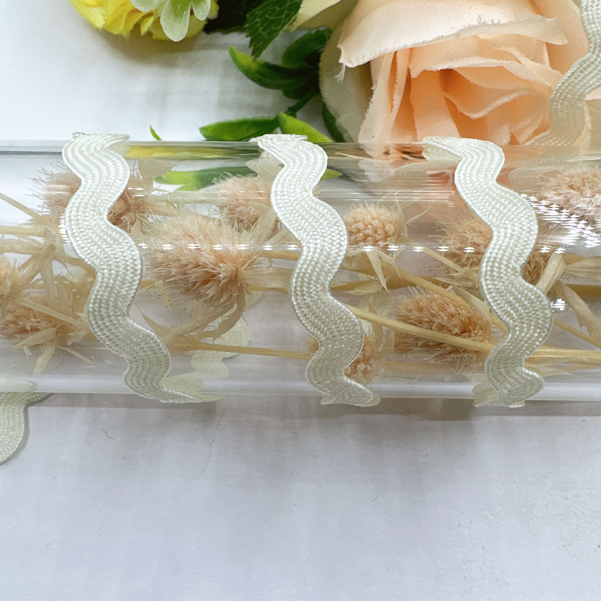 En stock mm onda de color sólido en forma de S borde curvo encaje cinta cortina sombrero ropa para niños accesorios de la boda accesorios de la ropa