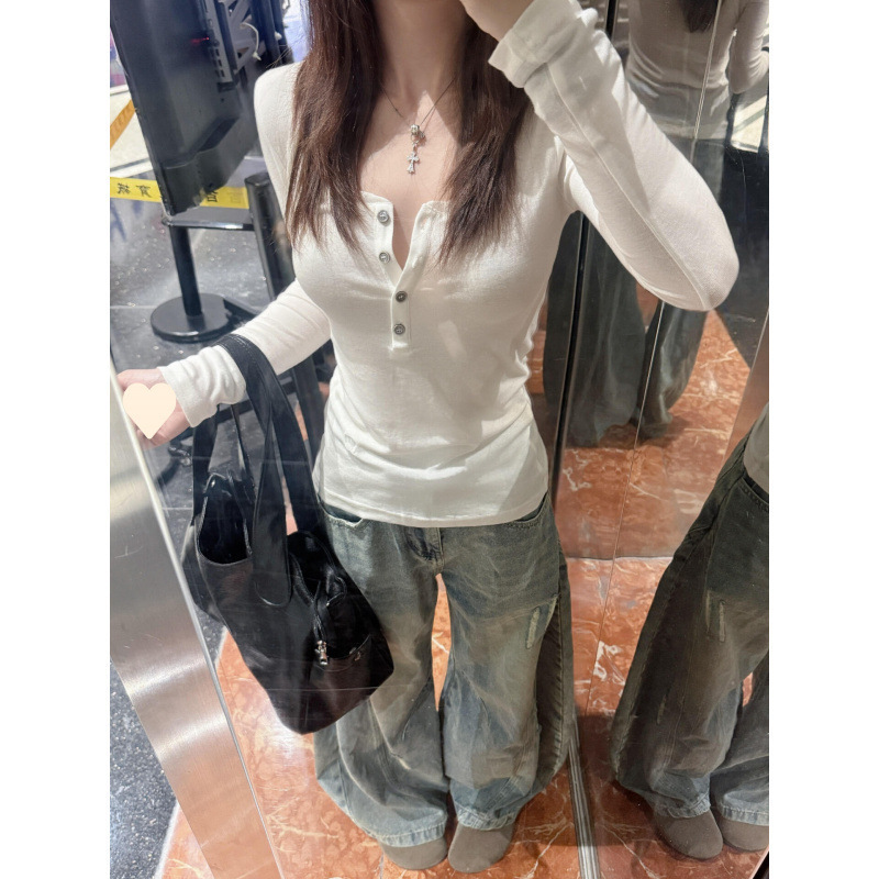 【人棉平纹】美式辣妹V领设计感小众长袖T恤女早秋薄款白色上衣|undefined