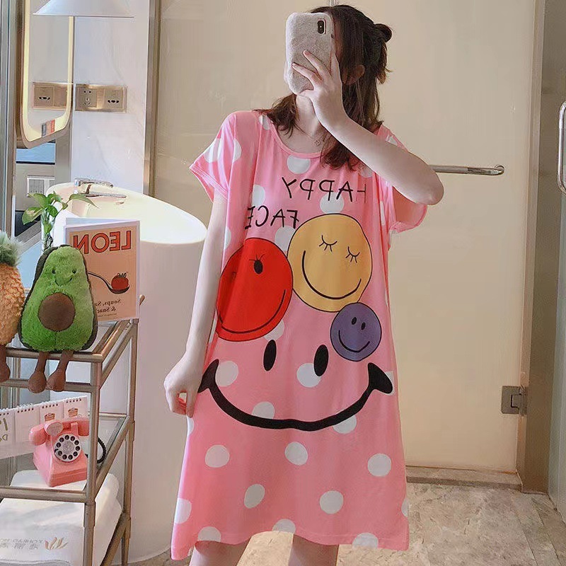 Spot falda de mujer viento perezoso talla grande camisón de mujer manga corta suelta y cómoda cuello redondo lindo vestido de casa con estampado de dibujos animados