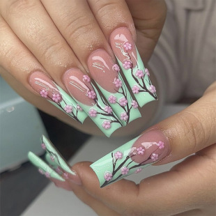 Lengthened Water Pipe Wear Nail Nail Piece New Cyan French Side Fake Nail Piece Patch Flower Ancient Dress Manicure