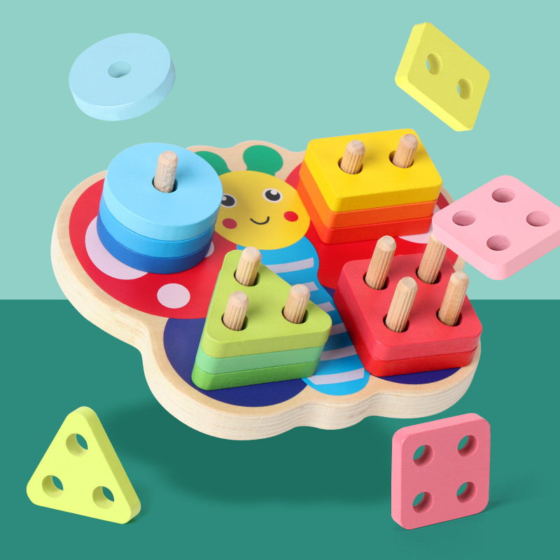 Montessori Butterfly Shape Set Column Matching Building Blocks Early Education Educational Assembled Educational Stacking Wooden Toys