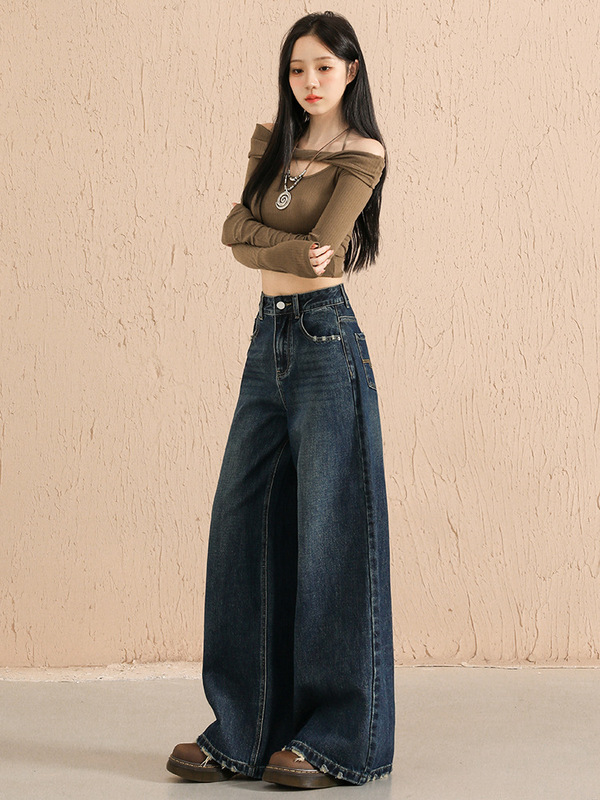 刺绣复古牛仔裤女2025秋冬新宽高腰显瘦宽松阔腿慵懒风直筒拖地裤|undefined