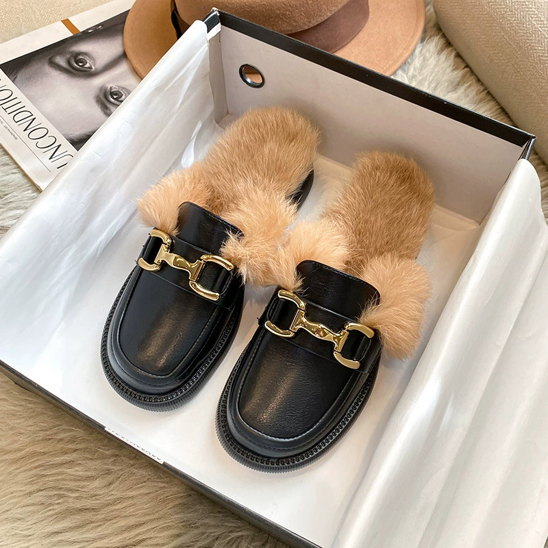 KM-6 обувь из меха кролика, новая осенне-зимняя однотонная обувь с плоским дном и пушистыми шерстяными тапочками, женская верхняя одежда, женская обувь больших размеров 41-43