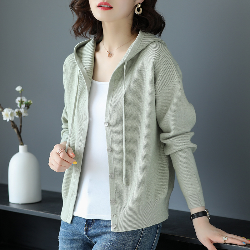 Knitted Cardigan for Women 2025 Spring & Fall New Korean Style Casual Loose Pure Color Hooded Sweater Jacket for February and August