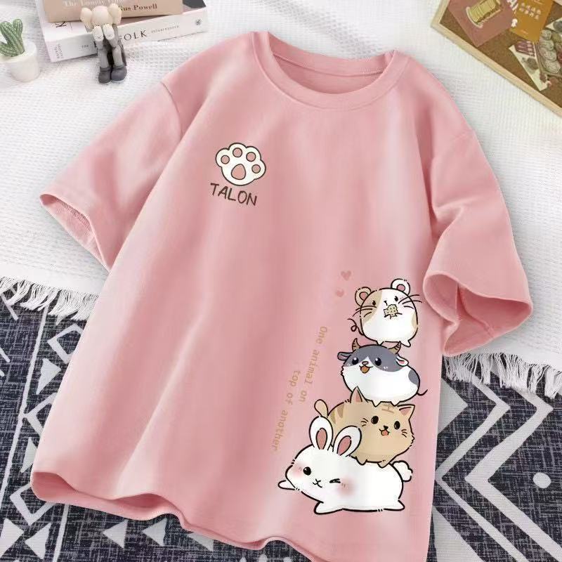 纯棉后包领 夏季新款日系卡通小猫咪可爱印花宽松休闲情侣短袖T恤