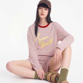 夏季新款纯棉女长袖短裤套头睡衣时尚休闲女家居服图片色圆领短袖