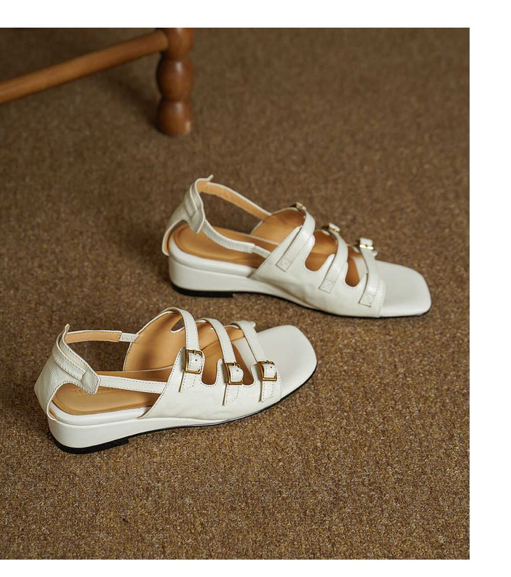 Sandal nữ hở mũi đầu vuông cổ điển quai ngang khóa cài gót thấp — màu be chi tiết 14