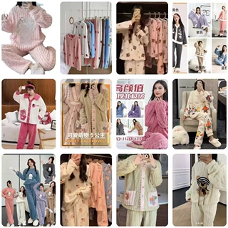 彩虹睡袍套装冬季加厚小熊水蜜桃睡衣家居服女珊瑚绒KT猫爱心套装