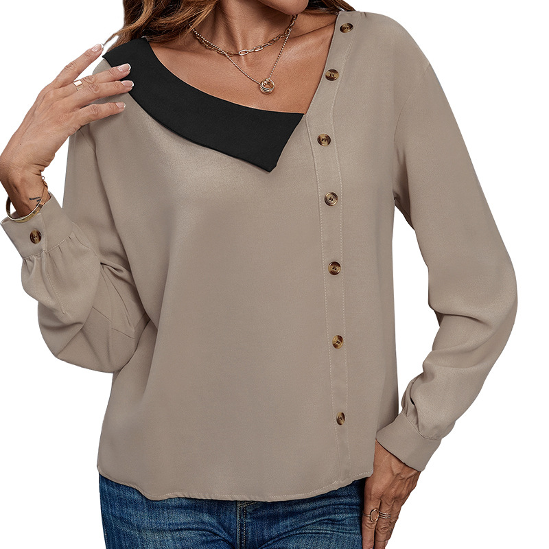 autumn new button v-neck long-sleeved knitted women's solid color blouses_voghion.com