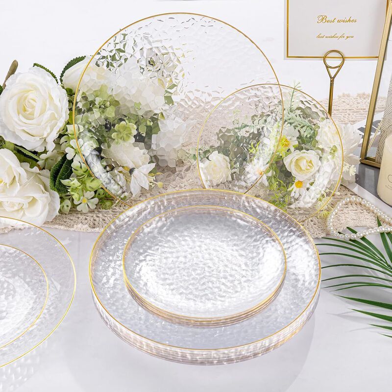 Transparent Hammer Forged Hot Stamping Dinner Plate Disposable Ps Hard Plastic Tableware Gold Edge Embossed Plate Multi-Color Export European Tableware Transparent Hammer Forged Hot Stamping Dinner Plate Disposable Ps Hard Plastic Tableware Gold Edge Embossed Plate Multi-Color Export European Tableware