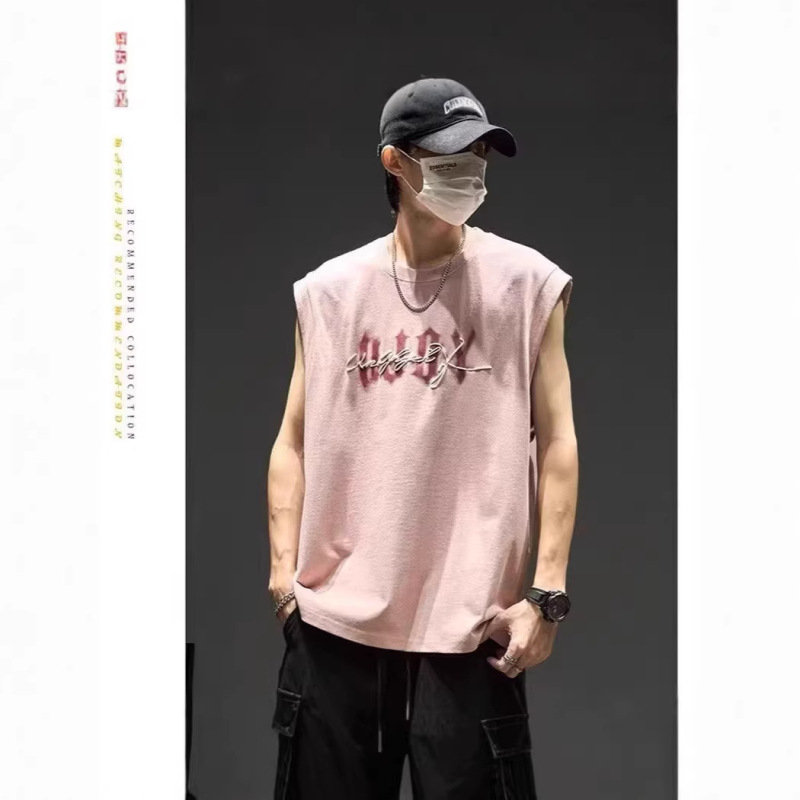 American-Style Printed Wide-Shoulder Sleeveless T-Shirt for Men, Summer Fitness Sports Vest, Sweat-Absorbent Breathable Tank Top