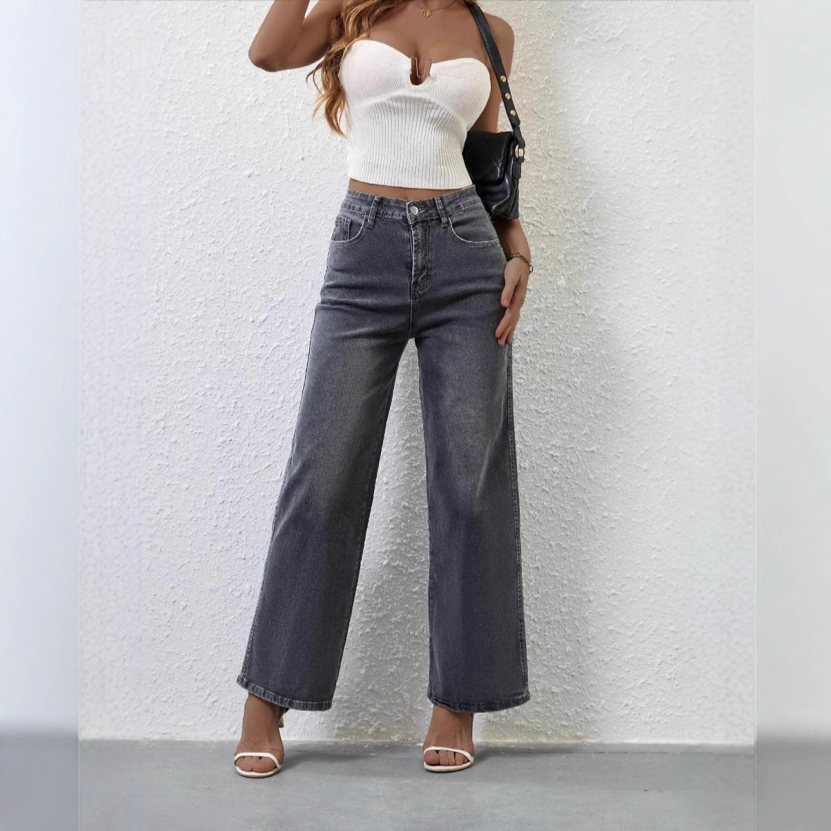 2025 Cross-Border European And American Fashion Casual Stretch Women's Quality Straight High-Waisted Wide-Leg_ecoleips.com