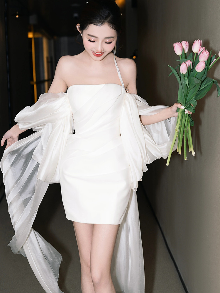 Abito da sposa corto in raso stile francese per matrimonio_voghion.com