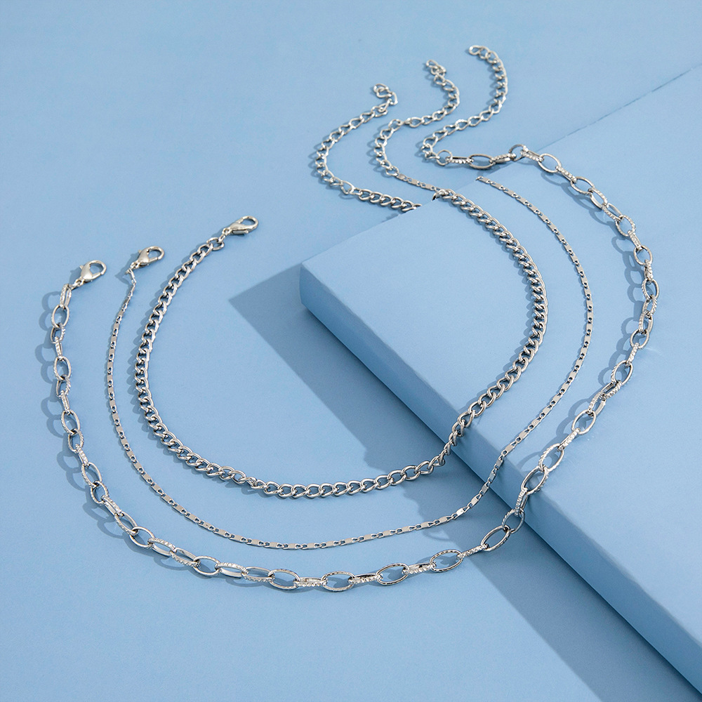 simple multi-layer trendy hip-hop stacked alloy necklace three-piece set