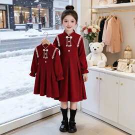 女童秋冬红色连衣裙网红休闲新款红色喜庆洋气加厚拜年服公主裙子