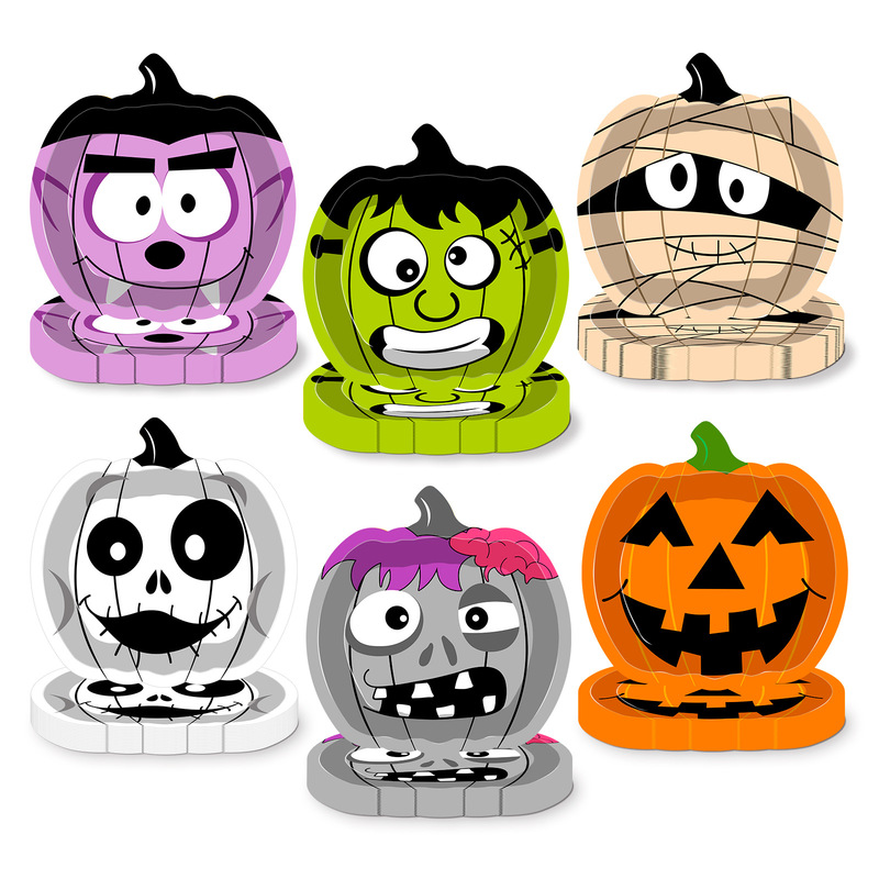 48Pcs Pumpkin-Themed Paper Plates Halloween Orange Pumpkin Ghost Zombie Smiley Face Disposable Paper Plates