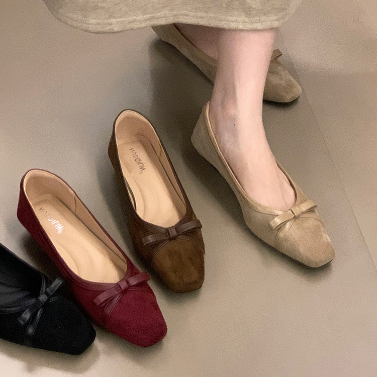 Thick Heel Square Toe Suede Bow Flats Women's Shoes 2025 Autum Ballet Evening Shoes French Commuter Shoes for Women