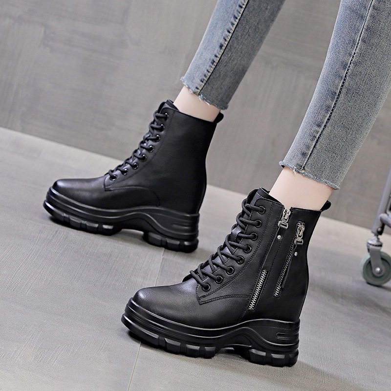 Boots Women's Boots 2025 New Style Platform Inner Heightening Autumn and Winter Fleece-Lined Genuine Leather Slim Short Boots Cotton Shoes Short Boots