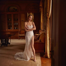 欧美亚马逊新款吊带抹胸蕾丝珍珠串链修身高开钗坠地白色晚礼服