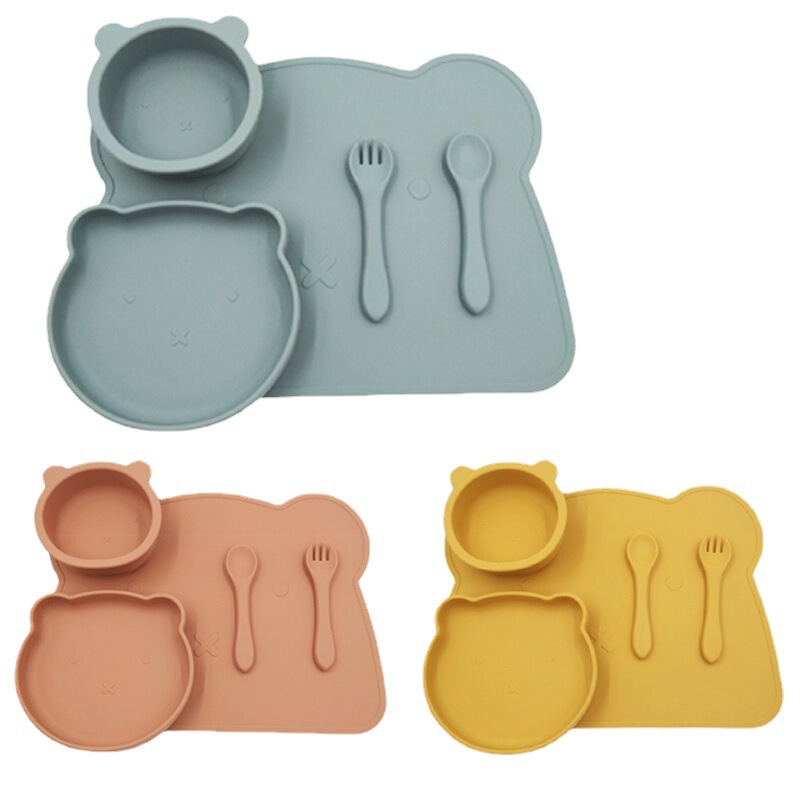 New in Stock Bear Tableware Set Silicone Suction Bowl Dinner Plate Placemat Fork Spoon Anti-drop Bowl for Children