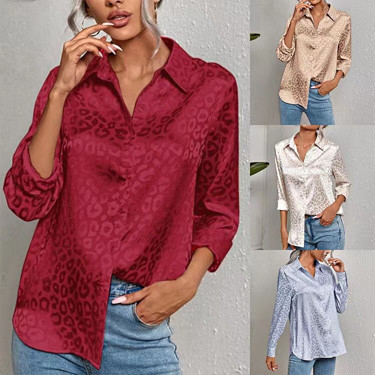 European and American Clothing 2025 Spring and Autum Cross-Border Amazon New Long-Sleeved Lapel Elegant Satin Jacquard Leopard Print Shirt European and American Clothing 2025 Spring and Autum Cross-Border Amazon New Long-Sleeved Lapel Elegant Satin Jacquard Leopard Print Shirt