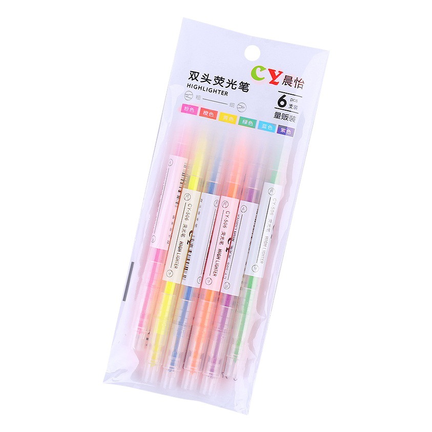 Creativo de doble cabeza de dos colores resaltador de 6 piezas de color oblicuo marcado pluma estudiante papelería suministros escolares diario pluma