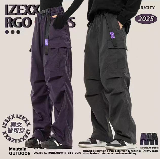 IZEXX Pantalones de paracaídas de herramientas estadounidenses Pantalones de cimitarra de primavera y otoño para hombres Pantalones largos de carga rectos con múltiples bolsillos de la calle para hombres