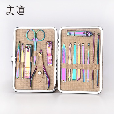 供应现货彩色镀钛指甲钳修脚修甲手足护理美甲指甲刀炫彩18件套装|ms