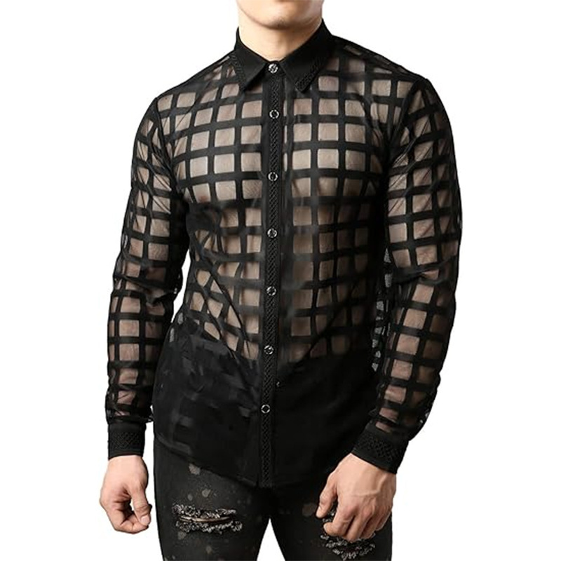 plaid black white jazz dance shirts for men nightclub party stage perspective tops disco stage performance rapper singers hiphop long sleeved shirt