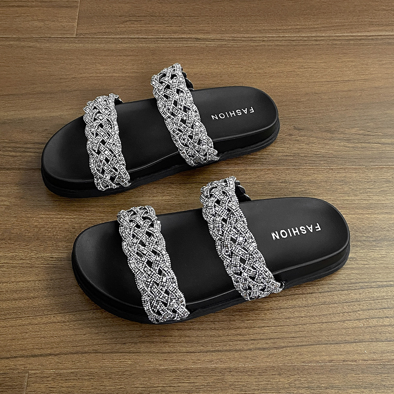 Women's Sparkling Diamond Woven Flat Sandals Comfortable Slip-ons_voghion.com