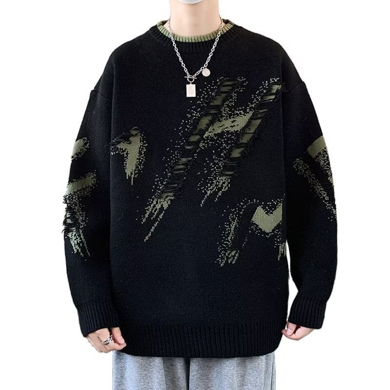 Men's Sweater Autumn and Winter Trendy Brand Ripped Loose Lazy Style Knitted Thick Warm Inner Sweater