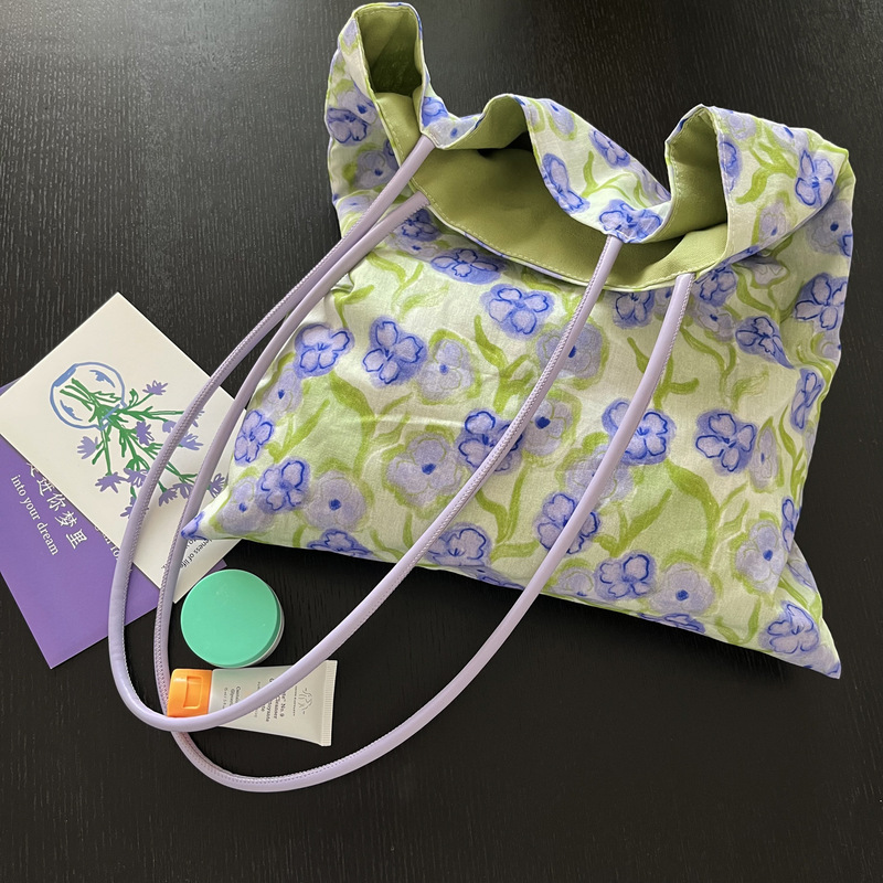 Gentle Purple Iris Niche Design Canvas Bag PU Shoulder Bag Shoulder Bag Tote Bag Artistic Mori-style commuter bag