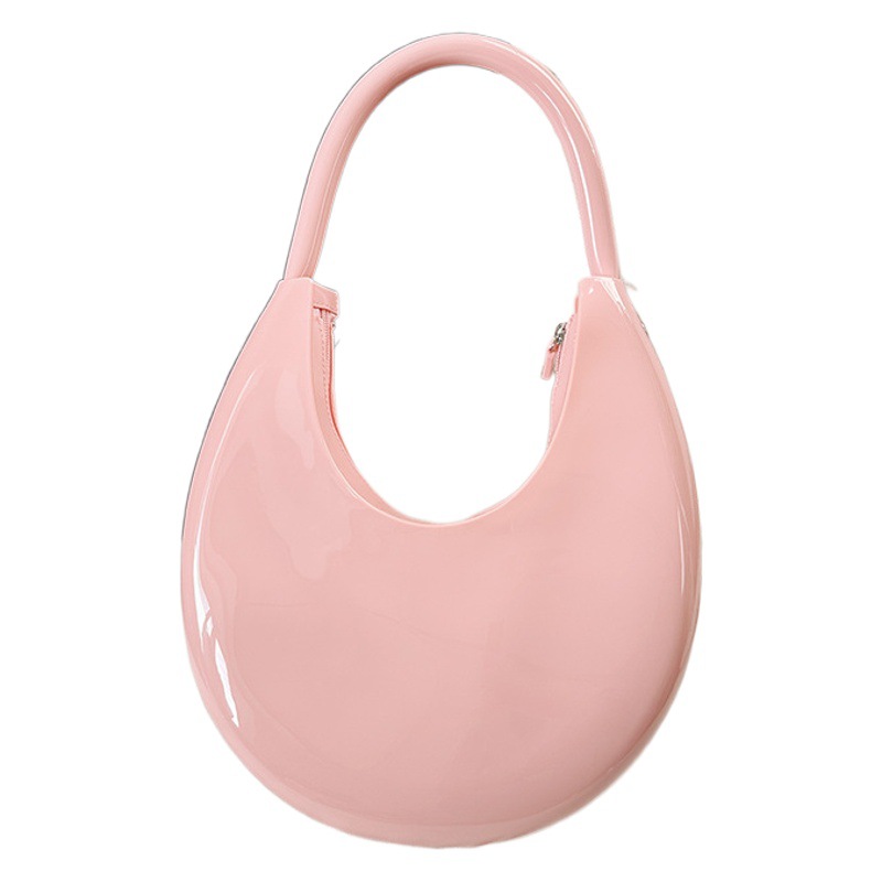 2023 nueva moda curvada Luna bolsa de jalea de mano PVC de moda de hombro de las mujeres portátiles bolsa de charol simple