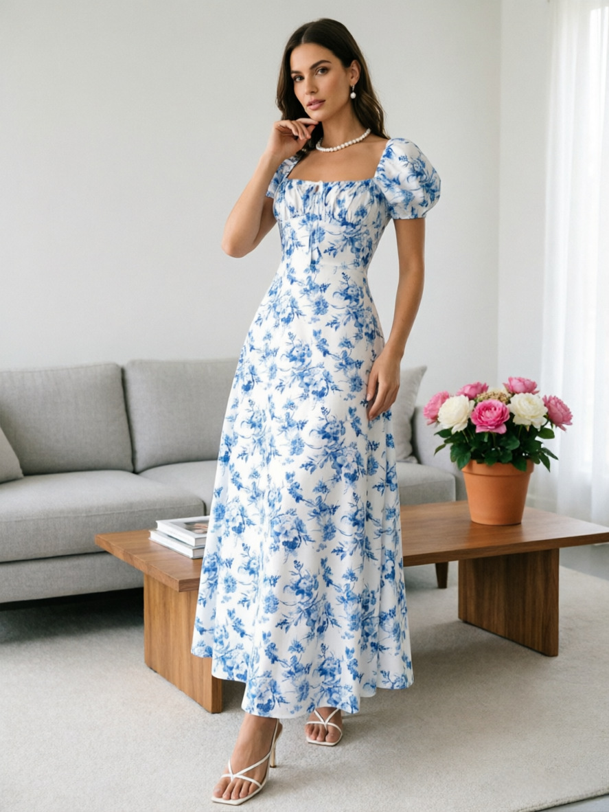 Women's Floral Print Short Sleeve Bodycon Flared Maxi Dress – Slim Fit Casual Summer Gown_ecoleips.com