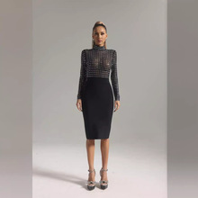 外贸时尚黑色烫钻小众拼接紧身长款绷带包臀连衣裙聚会派对礼服