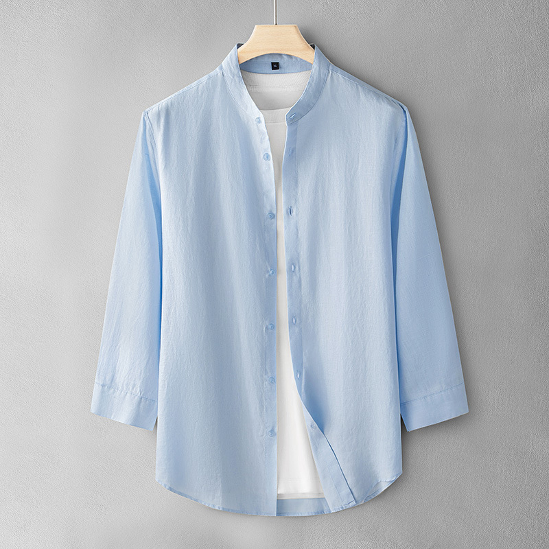 Summer Collar Linen Shirt Men's Loose plus size Cotton Linen Seven-Sleeve Shirt Solid Color Breathable Top Simple Casual