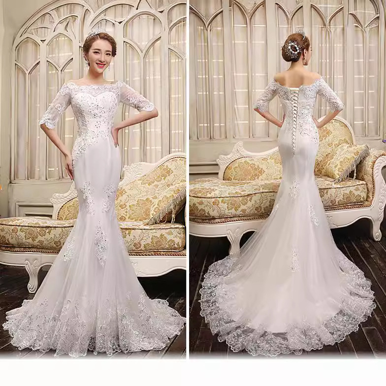 Wholesale White One-Shoulder Collar Wedding Dress 2025 New Korean Style Mid-Sleeve Fishtail Bride Wedding Slimming Look
