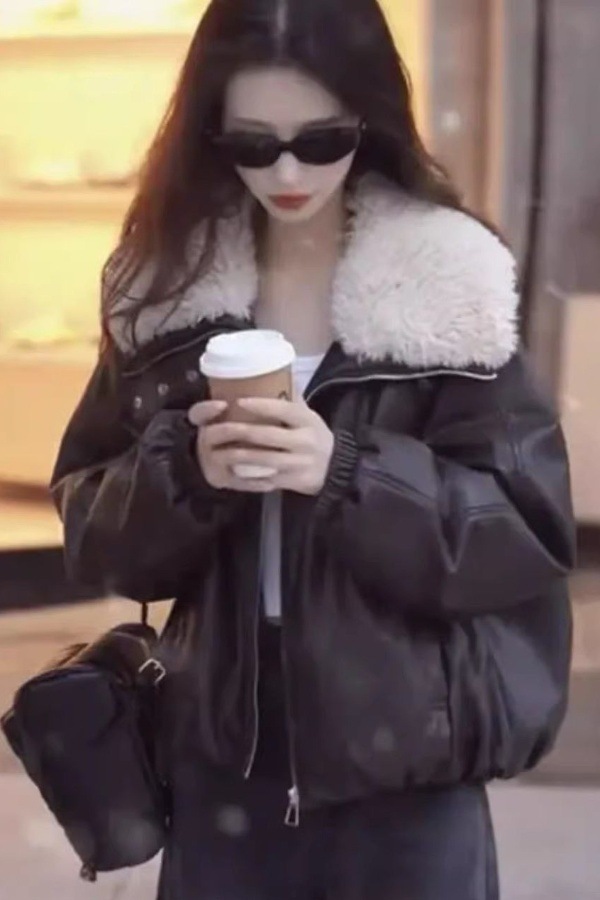 Autumn and Winter New European Style Large Lapel Plus Cotton Leather Jacket Women's Fashion Retro Loose Motorcycle Jacket Top