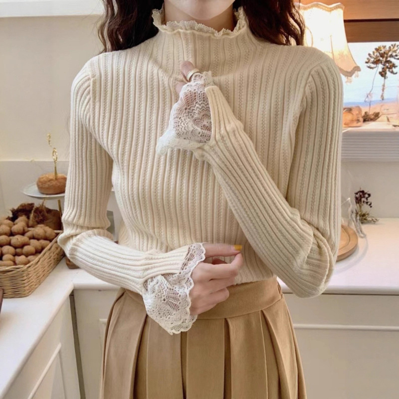 Chic and Beautiful Spring & Fall Half Turtleneck Lace Sweater, High-End Long-Sleeved Knitted Bottoming Shirt for Women
