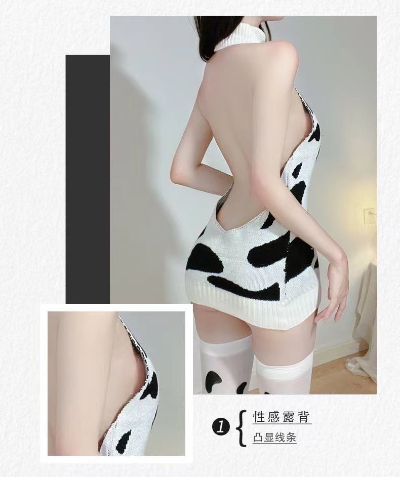 Cow Maid Knit Sweater Costume Set with Socks and Ears, Backless Open-Knit Design — detail image 4