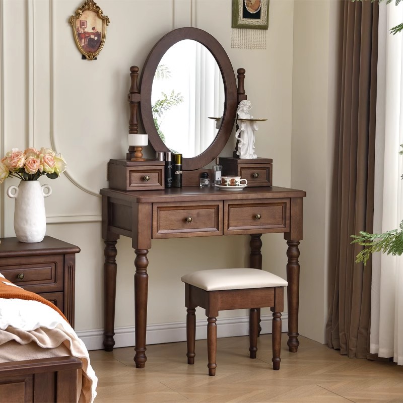미국 스타일의 복고풍 드레싱 테이블 침실, 저장 상자가있는 거울이있는 서랍 현대 간단한 단단한 나무 저장 화장품 테이블