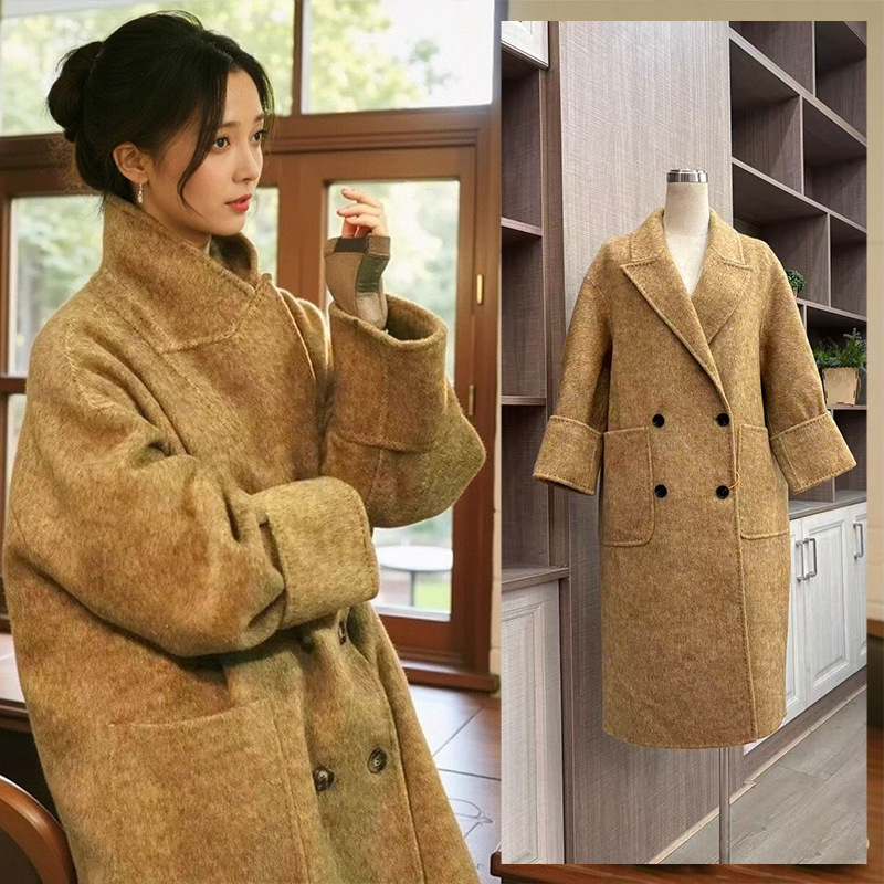 재고 있음: 조리영과 같은 스타일의 크로스보더 레트로 트위드 코트, 양면 겨울 코트, 패셔너블하고 루즈하며 날씬해 보이는 오버코트