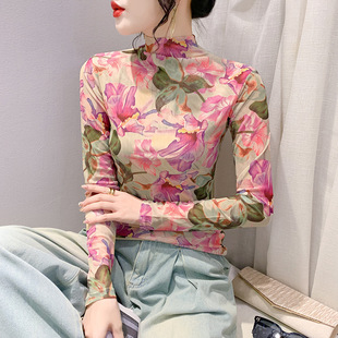 Spring and Autumn New Style Slim-Fit High-Neck Long-Sleeve T-Shirt for Women with Hong Kong Style Elegant Printed Mesh Base Shirt Top