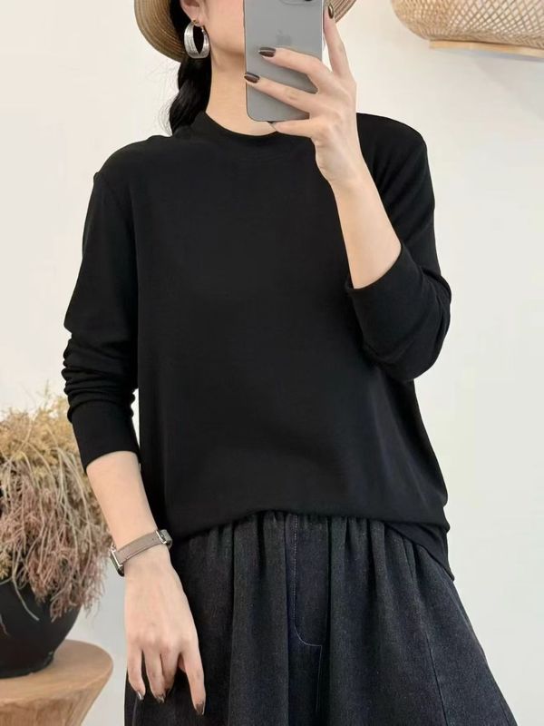 新品韩版显瘦百搭圆领宽松内搭 纯色打底衫长袖T恤女|undefined