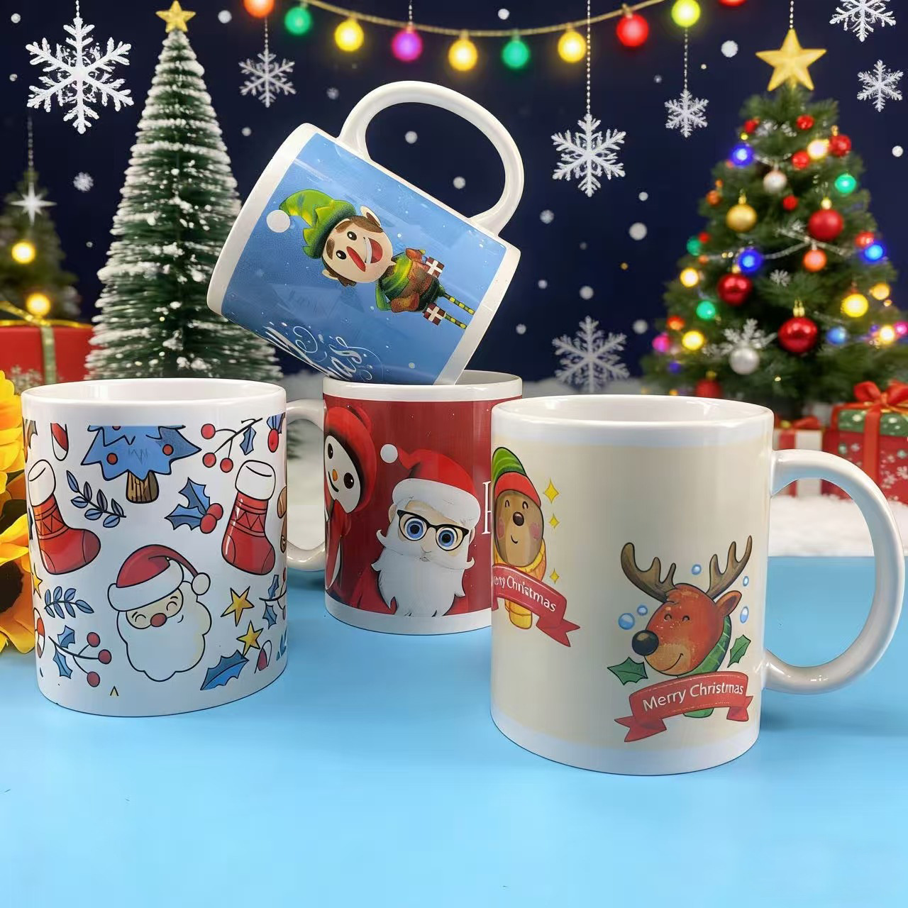 Exportación de regalos de Navidad muñeco de nieve tazas de cerámica de Navidad tazas de café rectas tazas de desayuno de leche