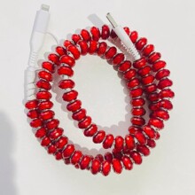 时尚一拖二串珠数据线二合一type-c手工手机快充线花色爱心粉色