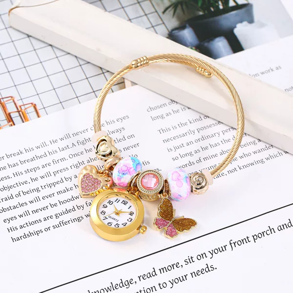 Gold Bracelet Watch with Adjustable Opening, Alloy Bangle, Quartz Watch with Beaded Flower Pendant, Couple's Wristwatch Strap