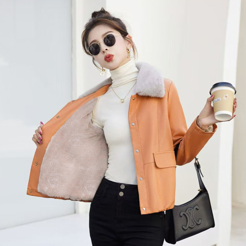 Pu Leather Jacket Women's 2025 Winter New Style Small Velvet Thickeneded Large Fur Collar Short Leather Jacket Top